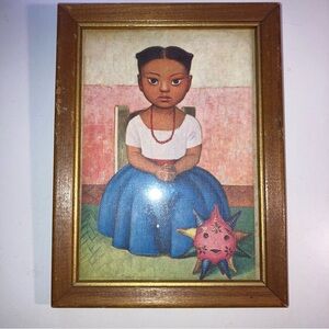 Charming Framed Art Print Blue and Pink Hues Black Young Girl Latino Mexicain